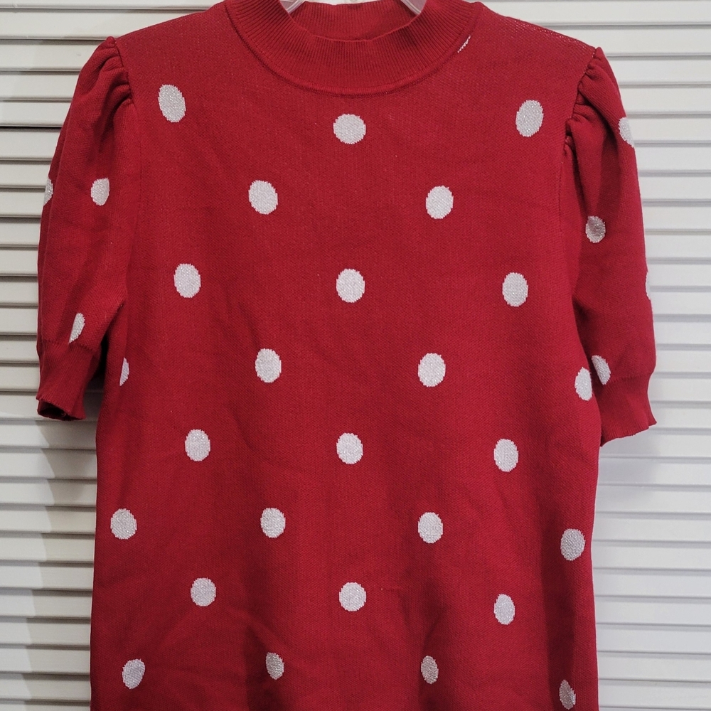 BYdesign XL Red White Polka Dot Mock Neck Puff Sleeve Knit Sweater Women